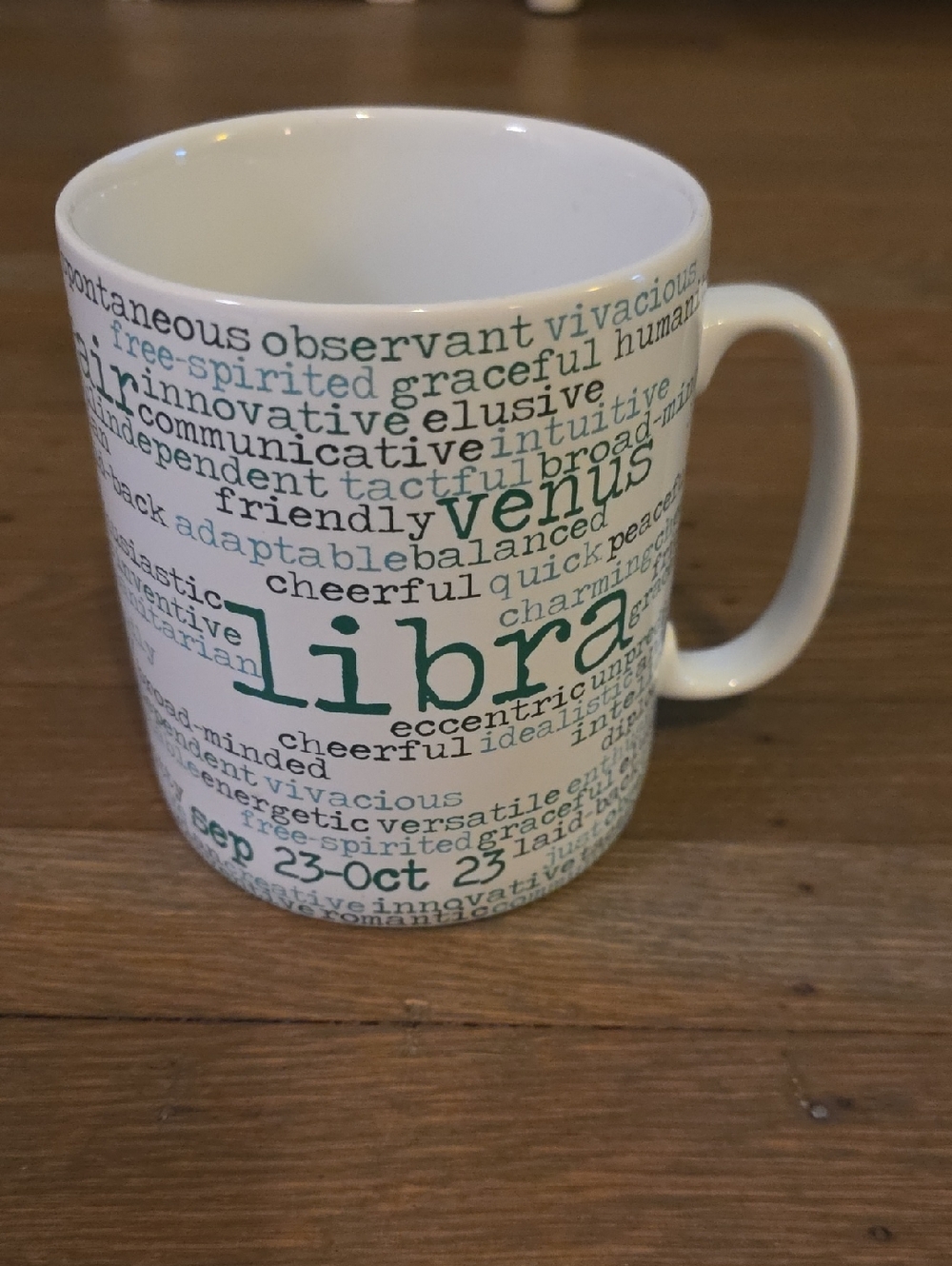 Libra Jumbo Word-Art Ceramic Mug in Teal and White -Horoscope 4"x5" Tall